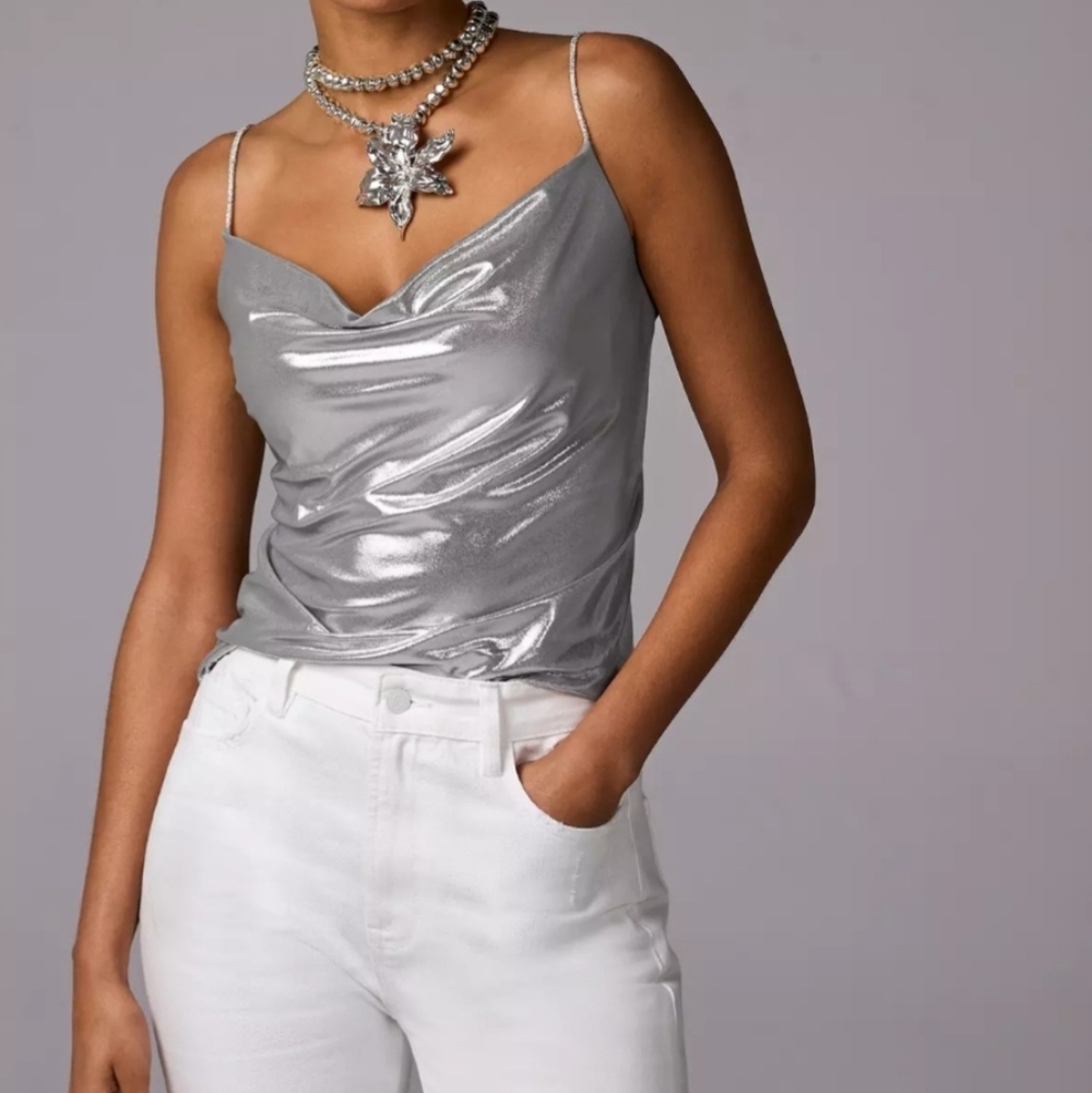 Boston Proper"80s Disco Silver Metallic Cowl Neck Camisole Size Medium